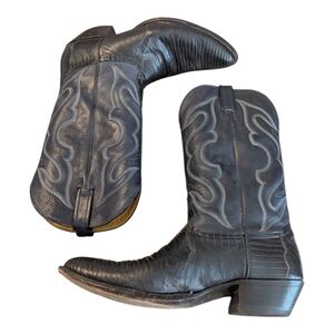 Nocona Exotic Embroidered Blue Black Lizard Pointed Toe Leather Mid-Calf Cowboy